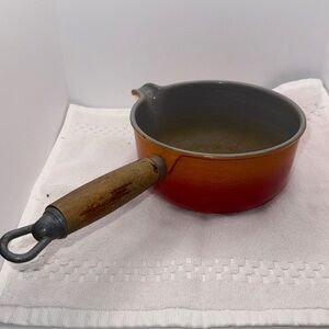 Vintage Descoware Flame Red Enameled Cast Iron Pot Wood Handle MCM (As Is)